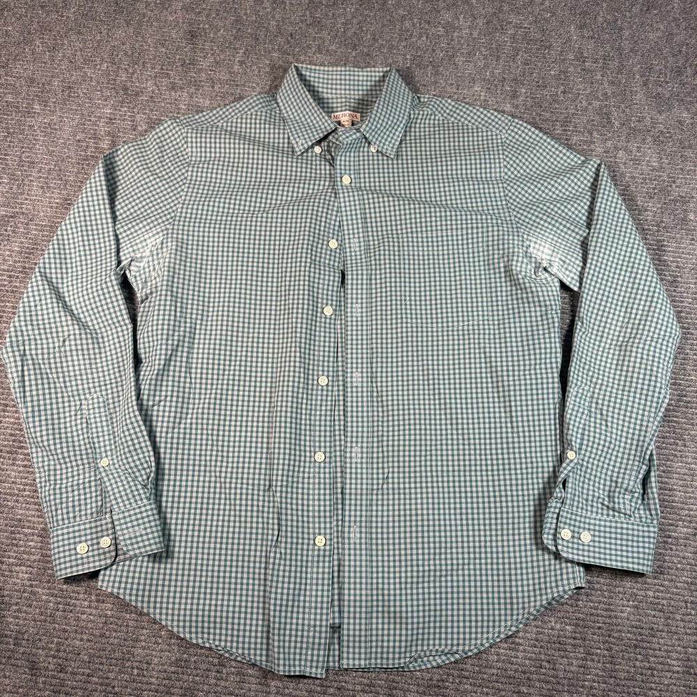 Merona Button Down Shirt Mens Medium Green Gingham Good Long Sleeve Cotton
